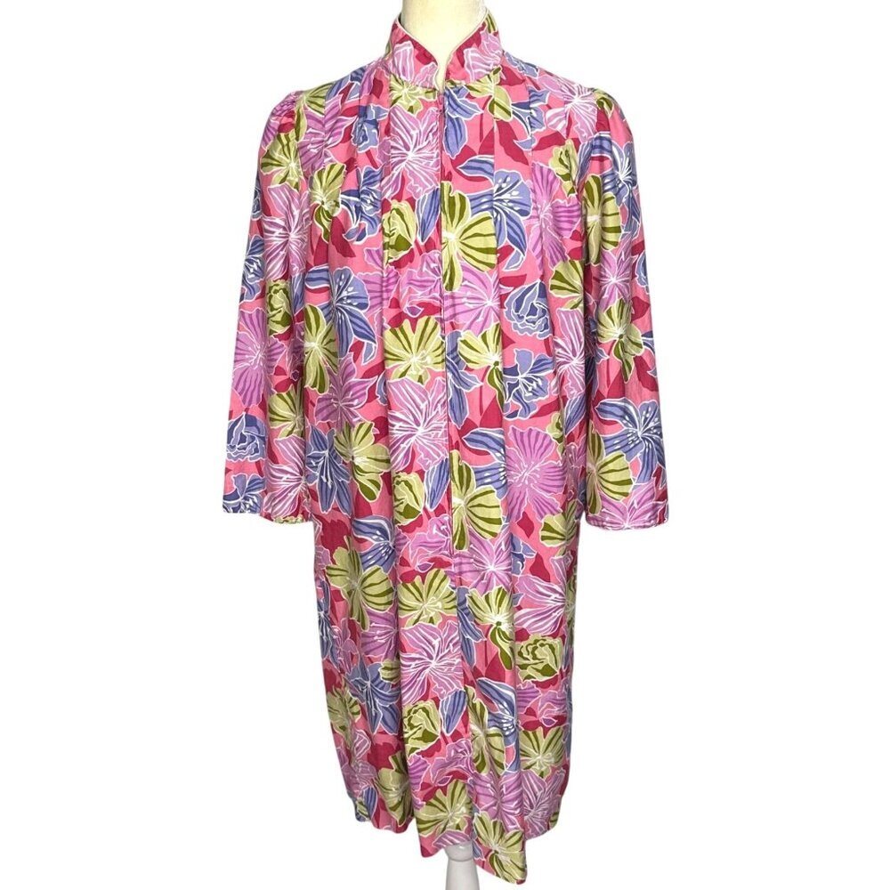 Vintage David Brown Caftan Medium Floral I.Magnin House Coat Zip Robe 80s RARE!